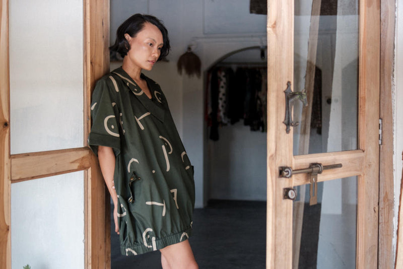 Sydney Shift Dress-Deep Green Line Printed cotton by The Terra Tribe in green color for women Worldwide