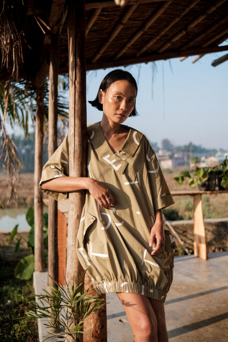 Sydney Shift Dress-Khaki Line Printed cotton by The Terra Tribe for women Worldwide