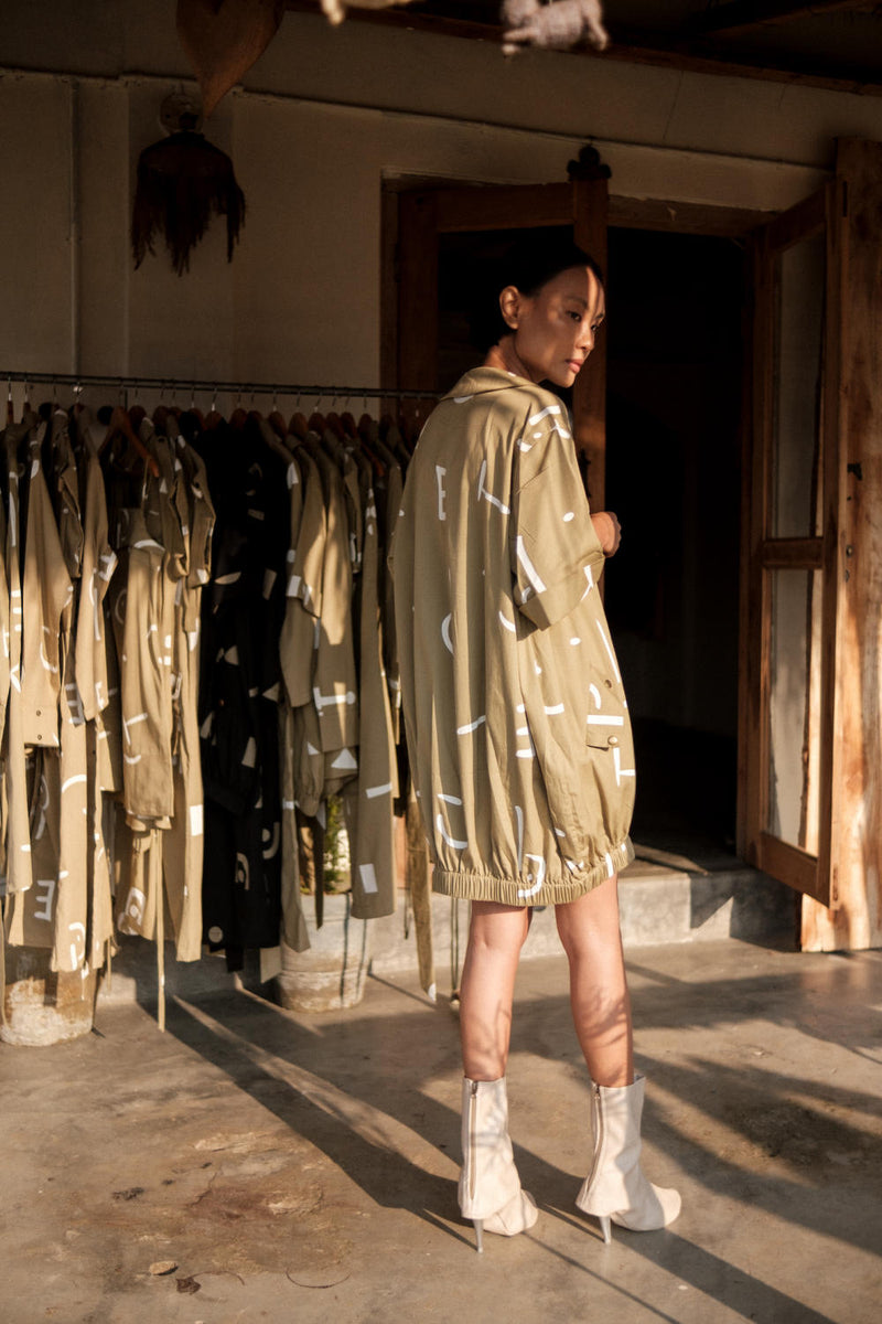 Sydney Shift Dress-Khaki Line Printed cotton by The Terra Tribe for women Worldwide