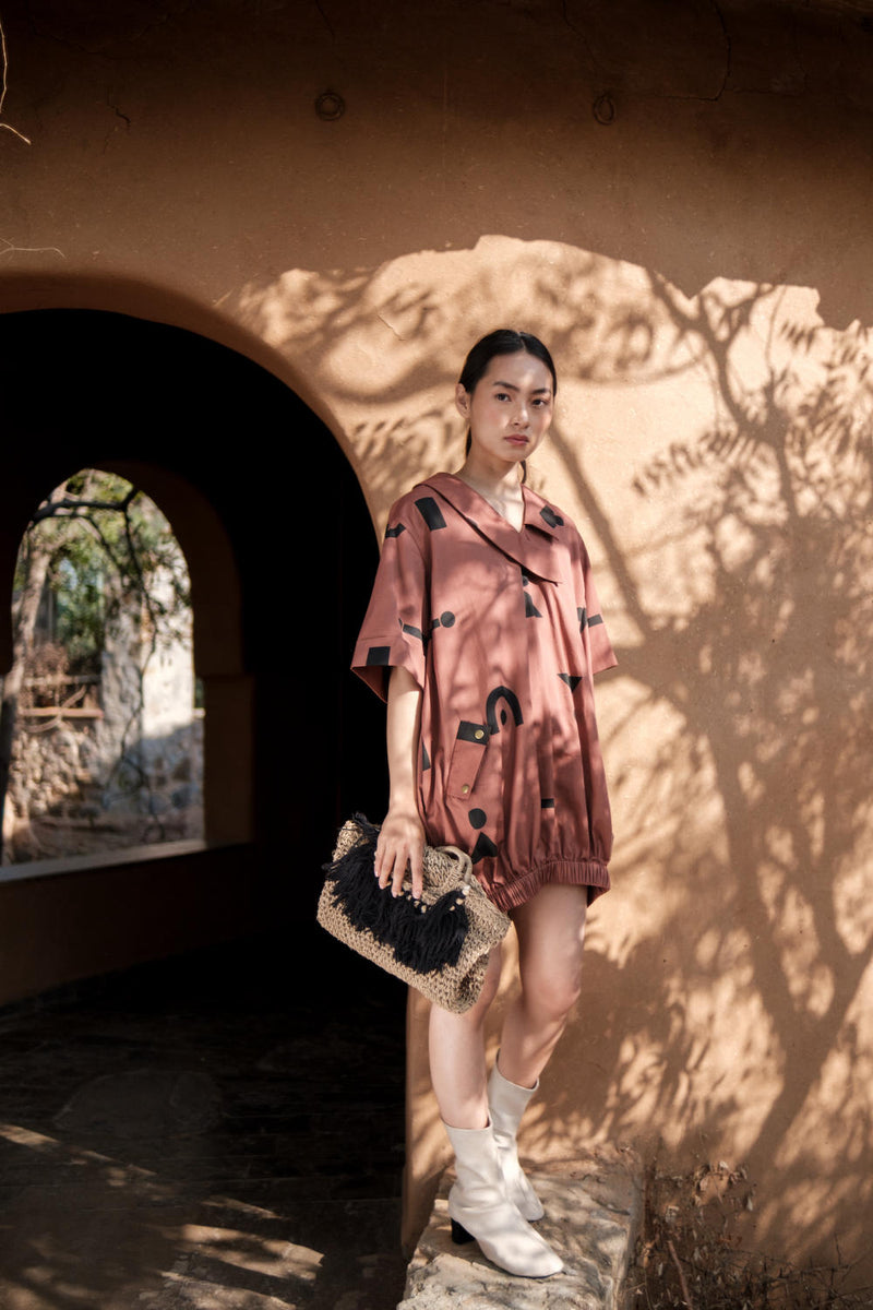 Sydney Shift Dress-Copper Triangle Printed cotton by The Terra Tribe for women Worldwide