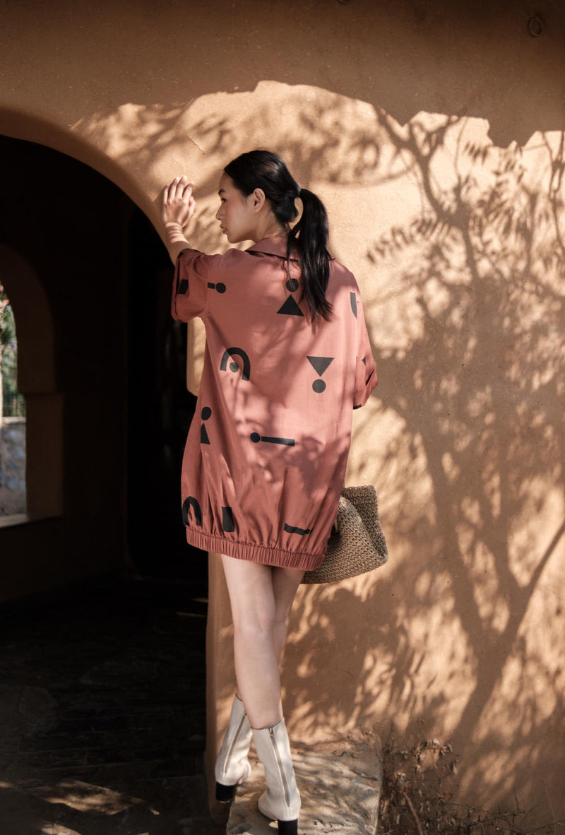 Sydney Shift Dress-Copper Triangle Printed cotton by The Terra Tribe for women Worldwide