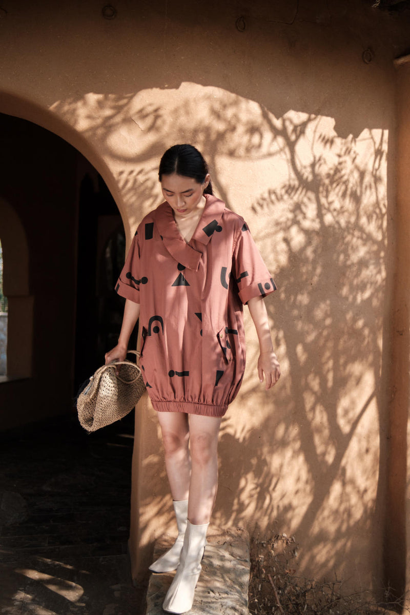 Sydney Shift Dress-Copper Triangle Printed cotton by The Terra Tribe for women Worldwide