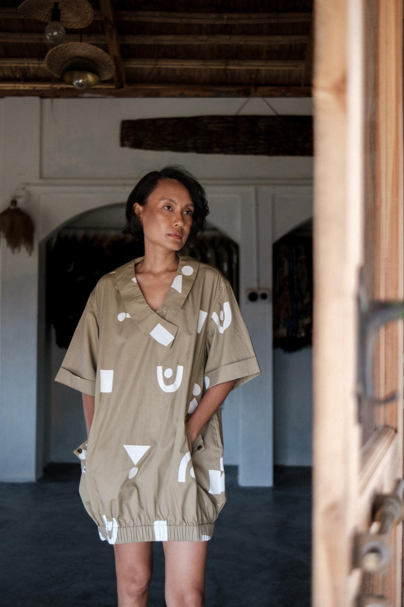 Sydney Shift Dress-Khaki Triangle Printed cotton by The Terra Tribe for women Worldwide