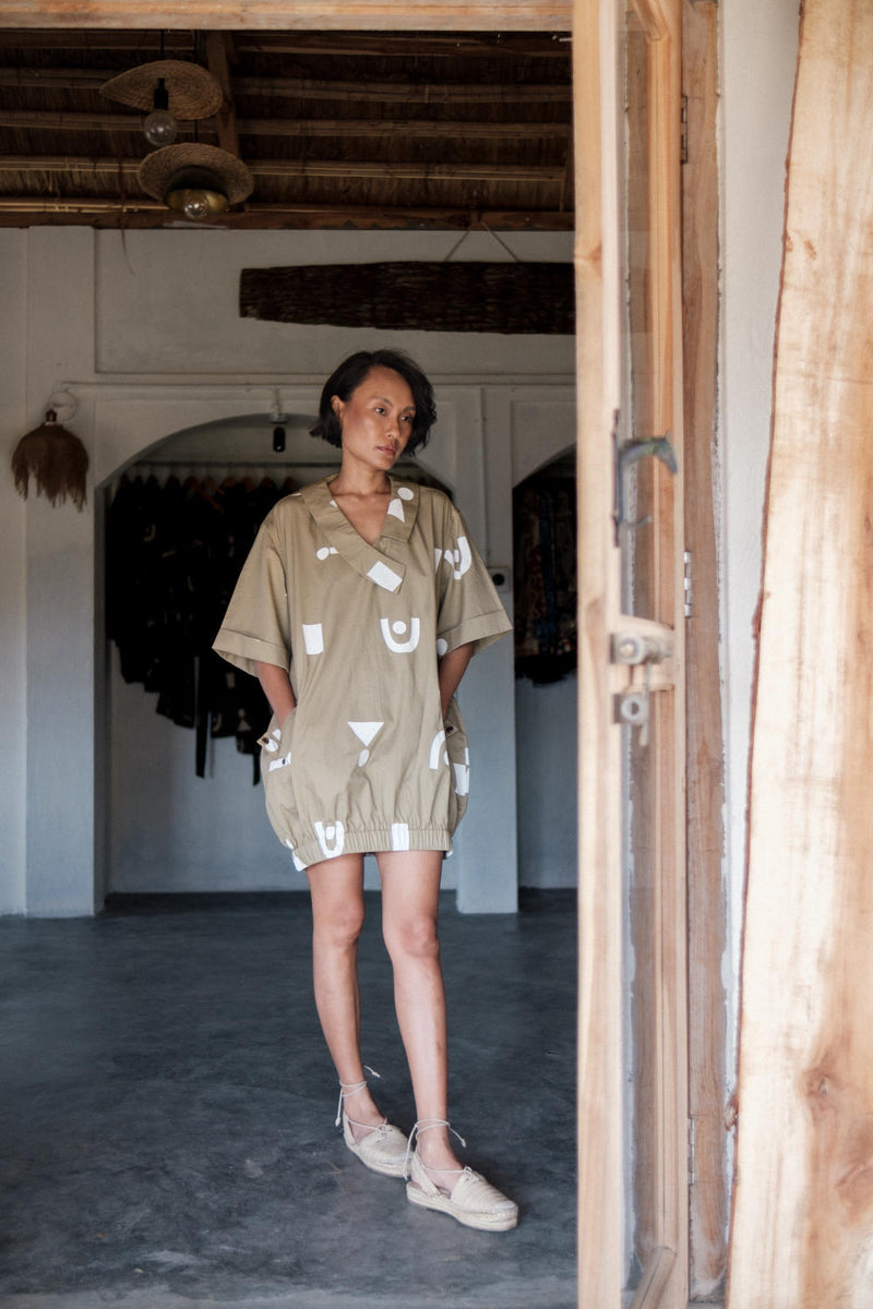 Sydney Shift Dress-Khaki Triangle Printed cotton by The Terra Tribe for women Worldwide