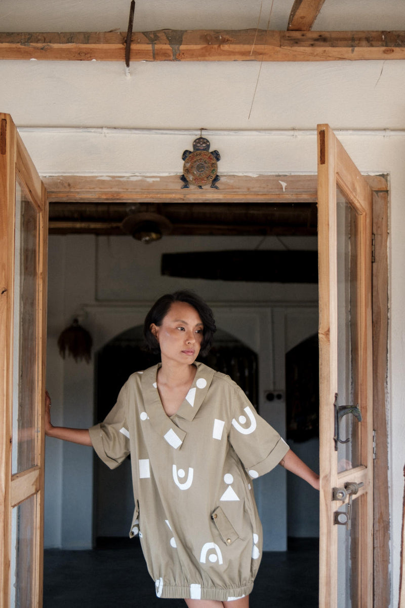 Sydney Shift Dress-Khaki Triangle Printed cotton by The Terra Tribe for women Worldwide