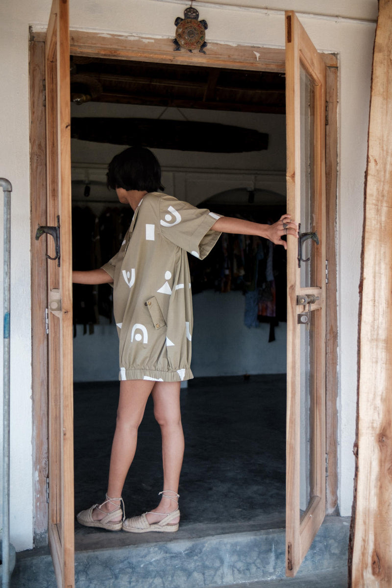 Sydney Shift Dress-Khaki Triangle Printed cotton by The Terra Tribe for women Worldwide