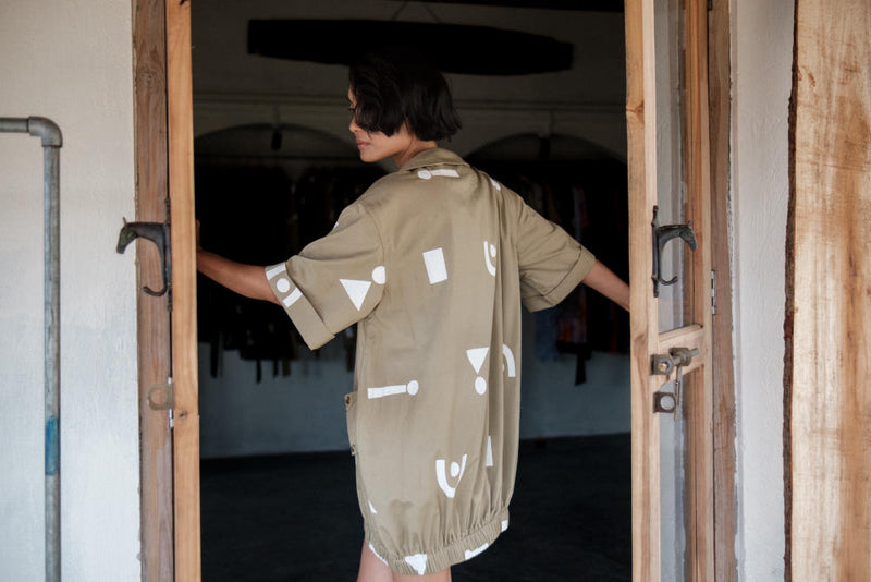 Sydney Shift Dress-Khaki Triangle Printed cotton by The Terra Tribe for women Worldwide