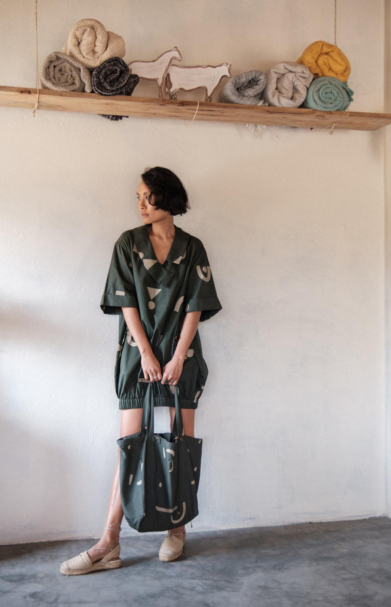 Sydney Shift Dress-Deep Green Triangle Printed cotton by The Terra Tribe in green color for women Worldwide