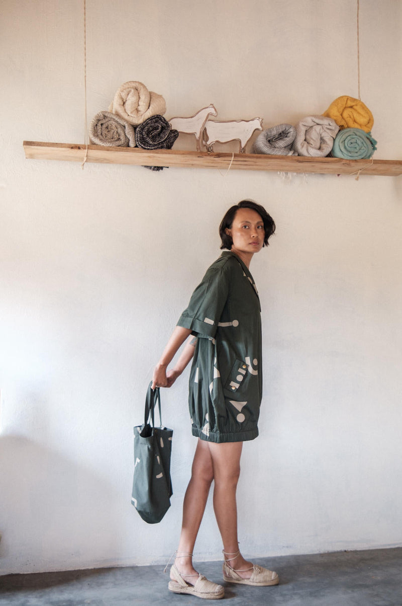 Sydney Shift Dress-Deep Green Triangle Printed cotton by The Terra Tribe in green color for women Worldwide