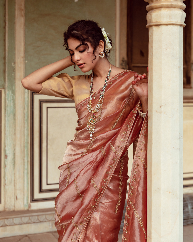 Rust Tissue Silk Embroidered Sari silk by Maison Shefali in rust color for women Worldwide