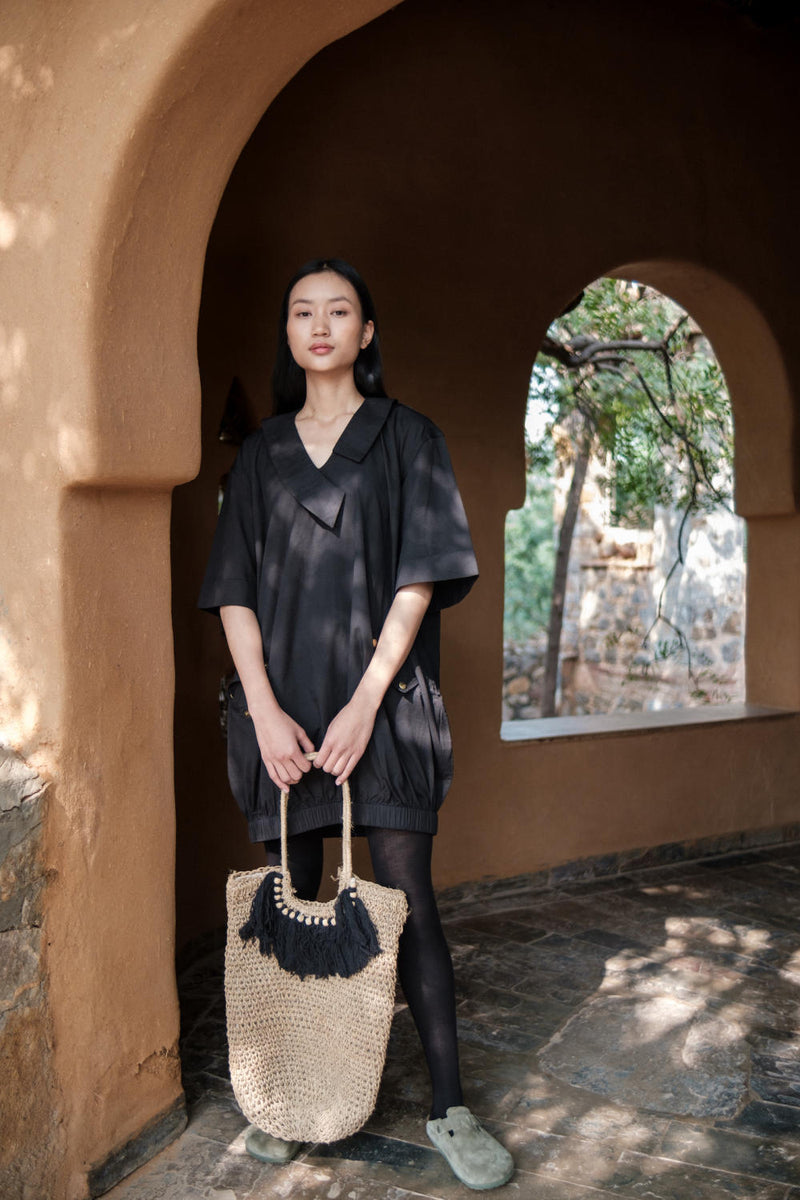 Sydney Shift Dress-Black cotton by The Terra Tribe in black color for women Worldwide