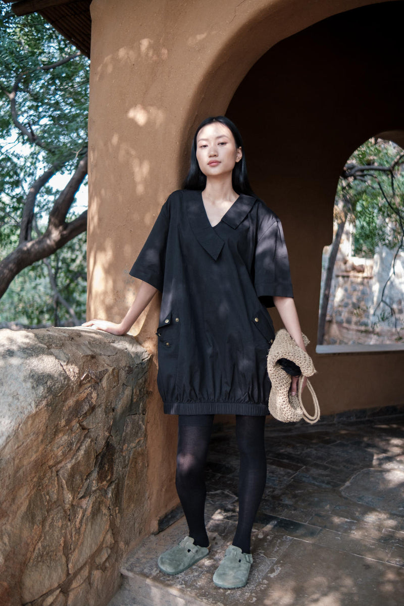 Sydney Shift Dress-Black cotton by The Terra Tribe in black color for women Worldwide