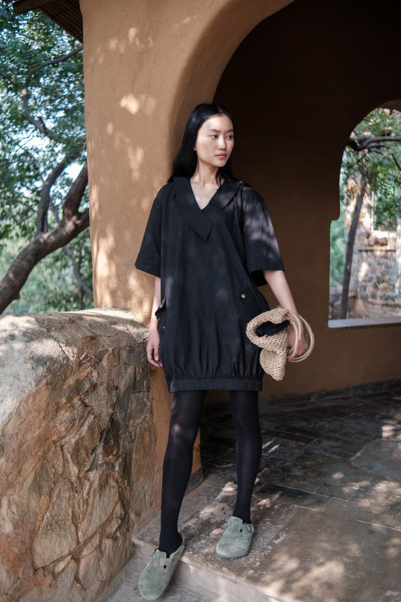 Sydney Shift Dress-Black cotton by The Terra Tribe in black color for women Worldwide