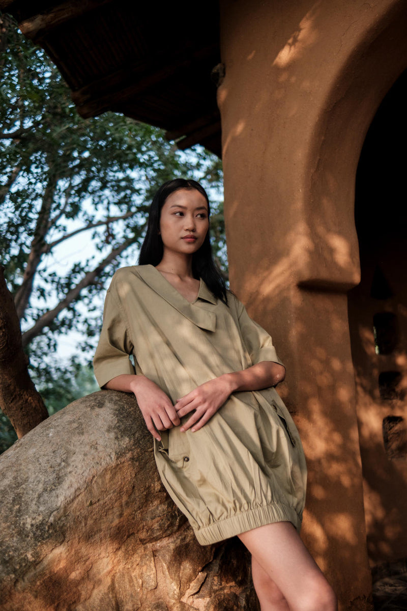 Sydney Shift Dress-Khaki cotton by The Terra Tribe for women Worldwide