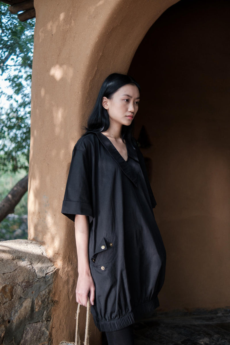 Sydney Shift Dress-Black cotton by The Terra Tribe in black color for women Worldwide