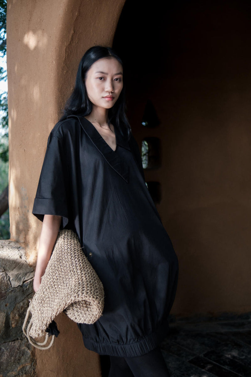 Sydney Shift Dress-Black cotton by The Terra Tribe in black color for women Worldwide