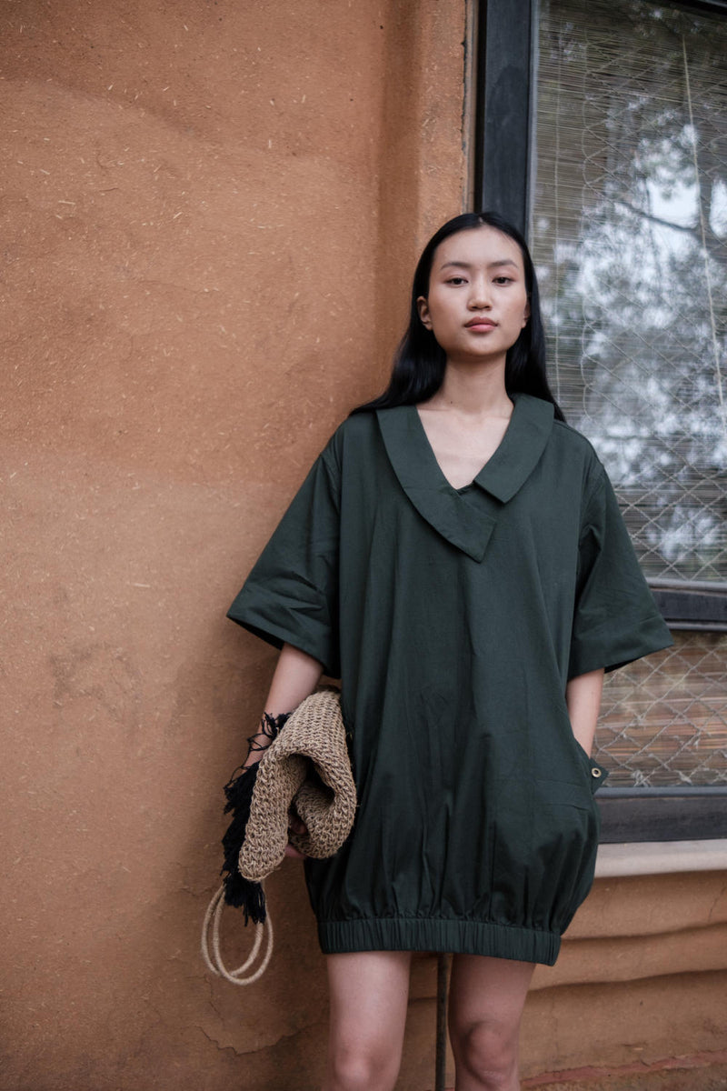Sydney Shift Dress-Deep Green cotton by The Terra Tribe in green color for women Worldwide