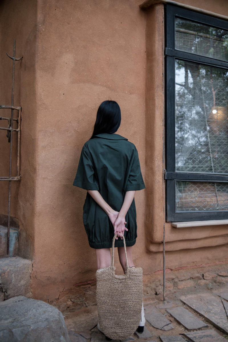 Sydney Shift Dress-Deep Green cotton by The Terra Tribe in green color for women Worldwide