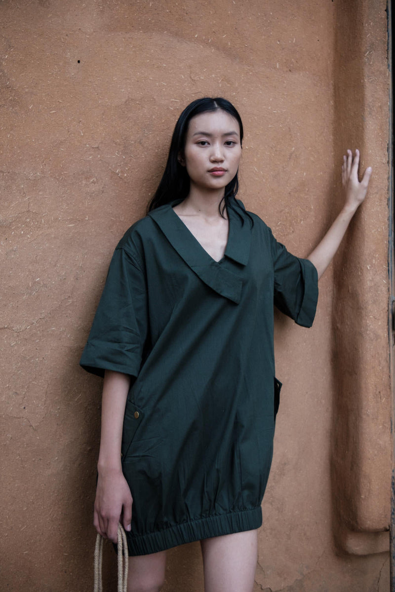 Sydney Shift Dress-Deep Green cotton by The Terra Tribe in green color for women Worldwide