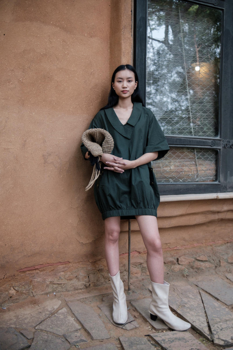 Sydney Shift Dress-Deep Green cotton by The Terra Tribe in green color for women Worldwide