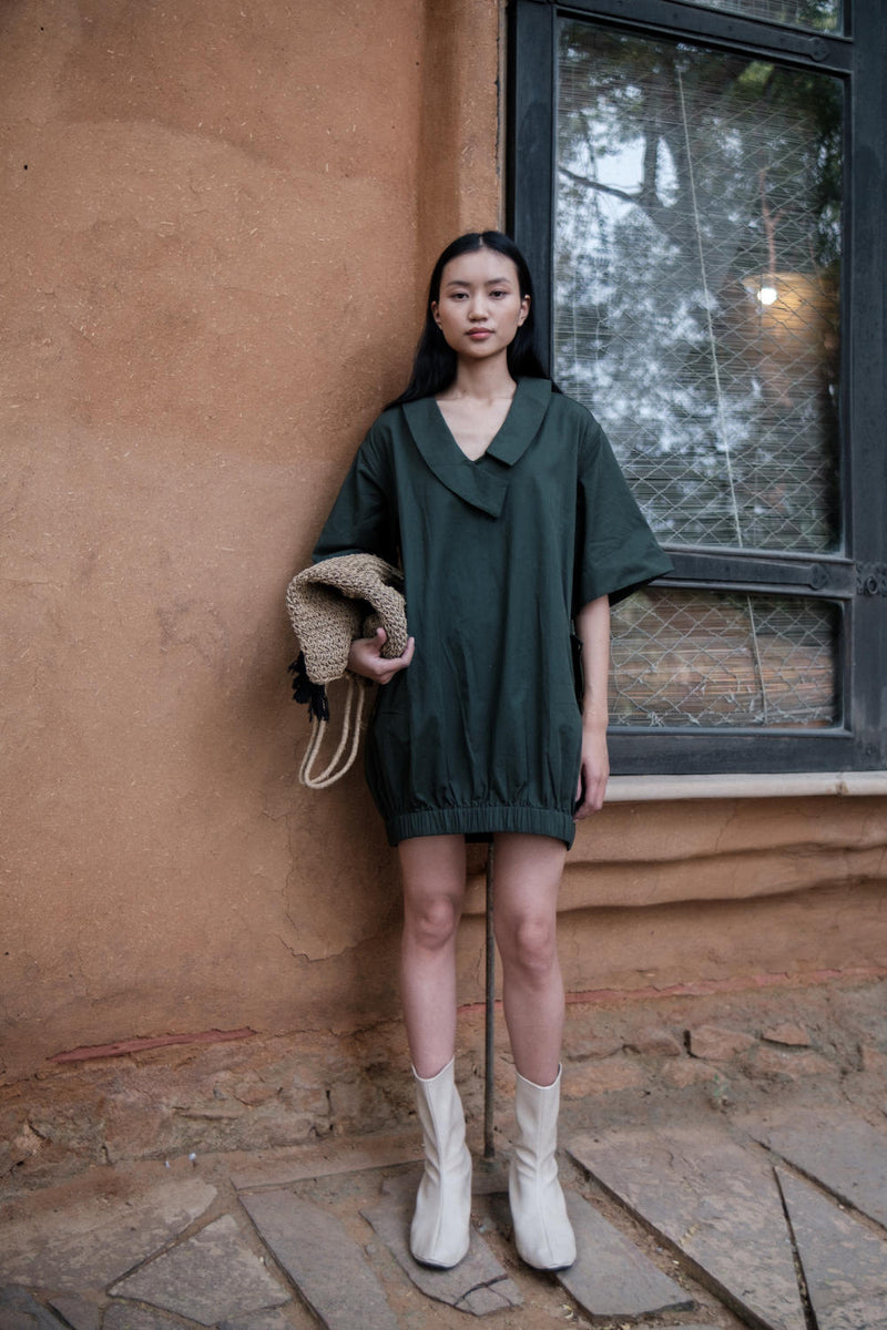 Sydney Shift Dress-Deep Green cotton by The Terra Tribe in green color for women Worldwide