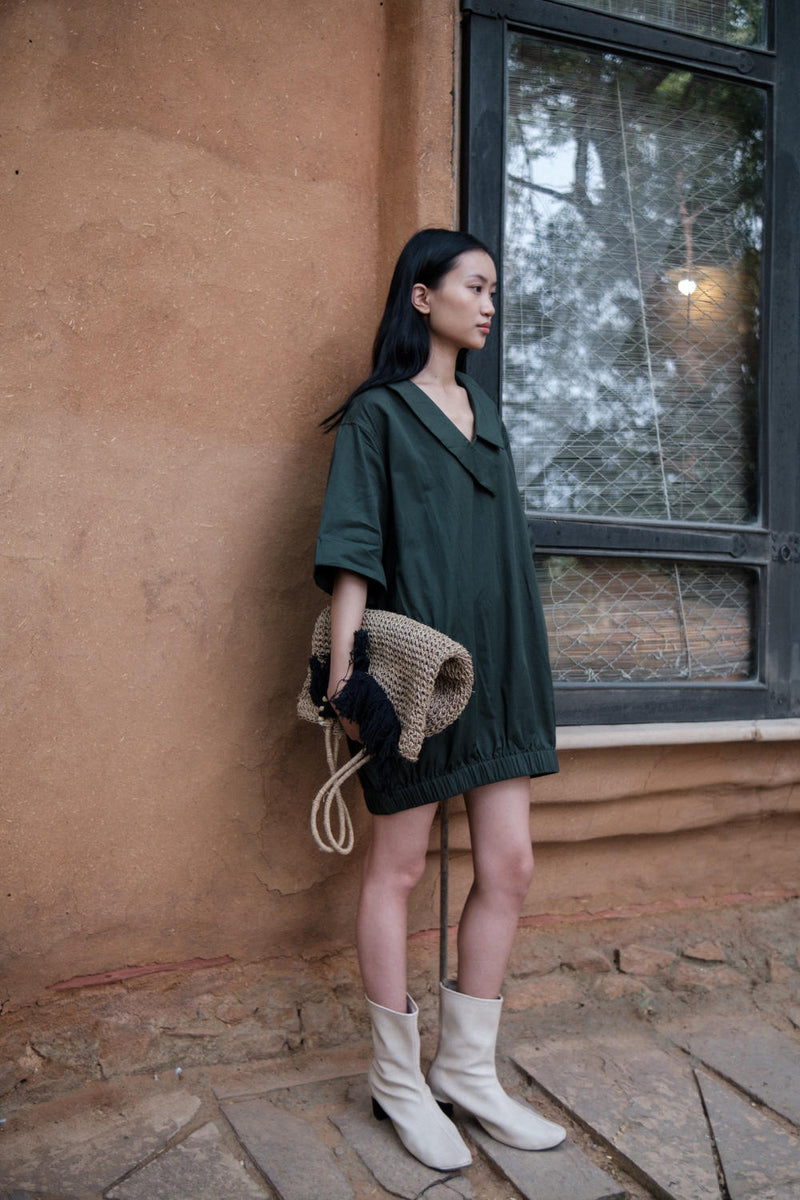 Sydney Shift Dress-Deep Green cotton by The Terra Tribe in green color for women Worldwide