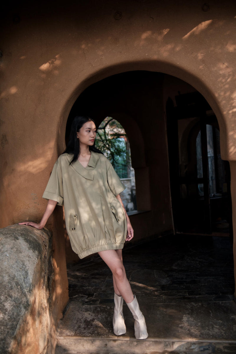 Sydney Shift Dress-Khaki cotton by The Terra Tribe for women Worldwide