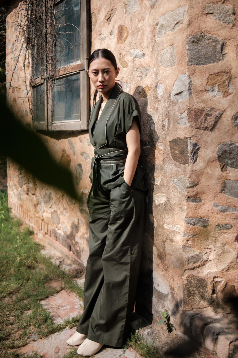 Friday Flared Pants-Deep Green cotton by The Terra Tribe in green color for women Worldwide