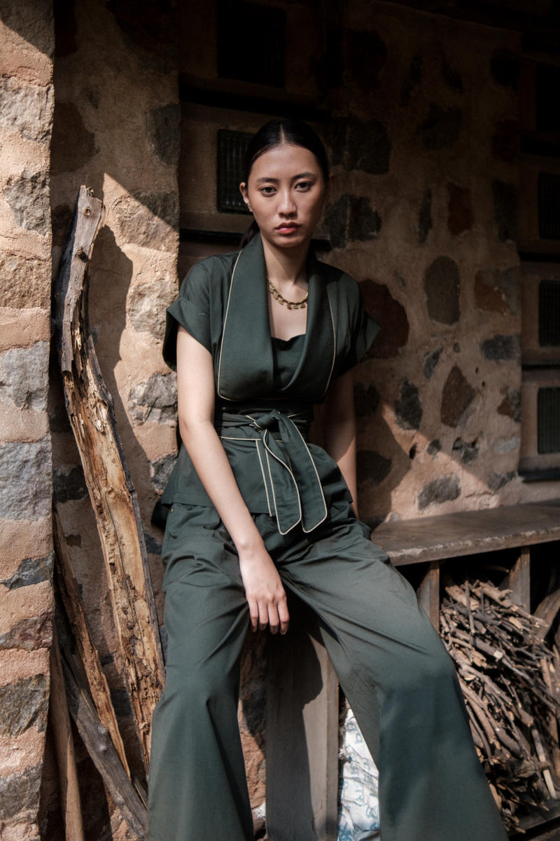 Friday Flared Pants-Deep Green cotton by The Terra Tribe in green color for women Worldwide