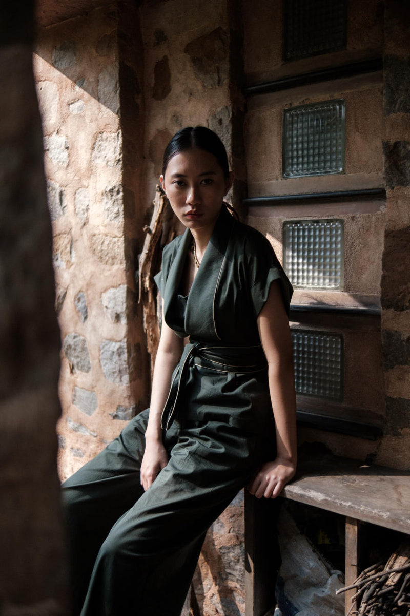 Friday Flared Pants-Deep Green cotton by The Terra Tribe in green color for women Worldwide