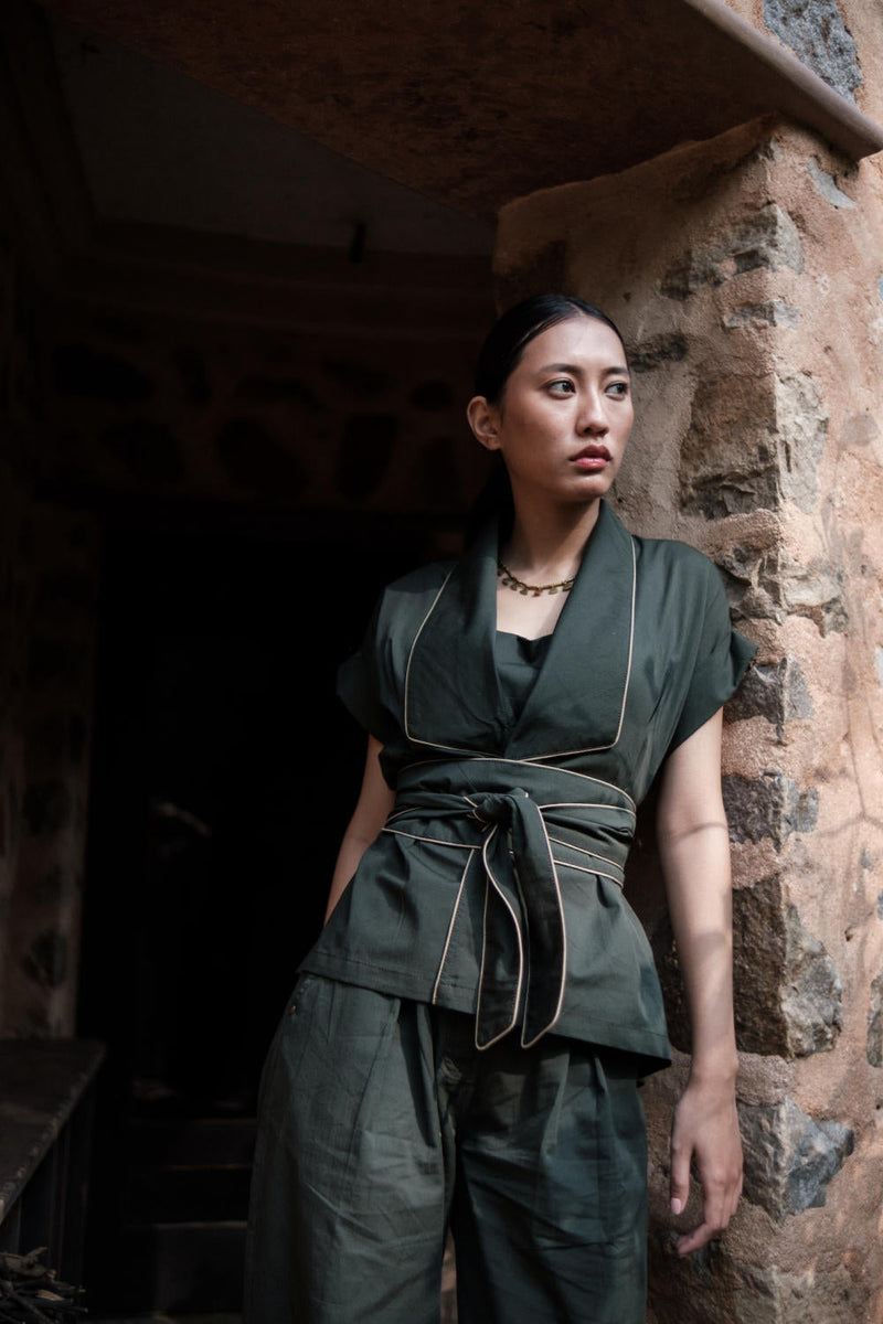 Friday Flared Pants-Deep Green cotton by The Terra Tribe in green color for women Worldwide