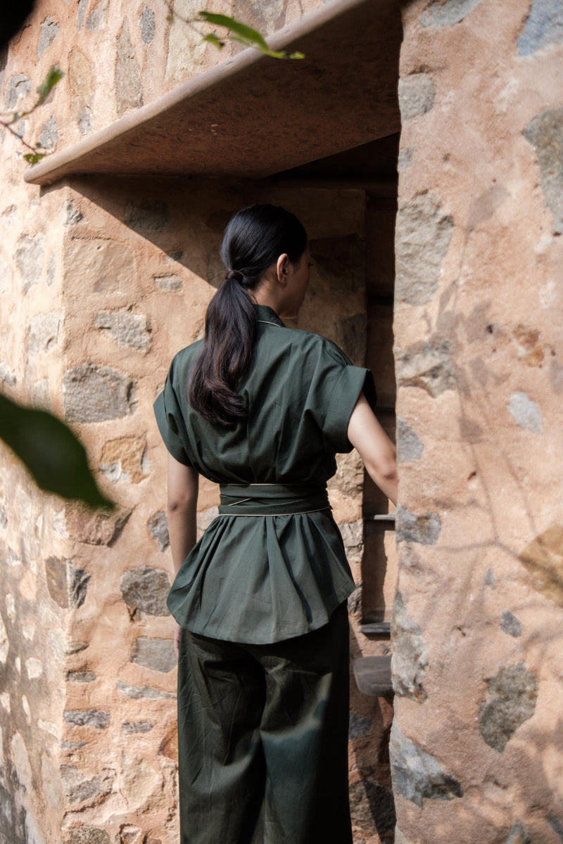 Friday Flared Pants-Deep Green cotton by The Terra Tribe in green color for women Worldwide