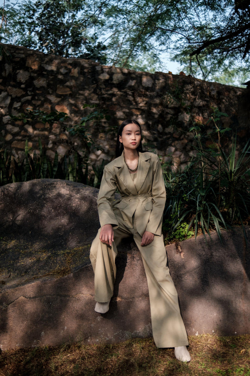 Friday Flared Pants-Khaki cotton by The Terra Tribe for women Worldwide