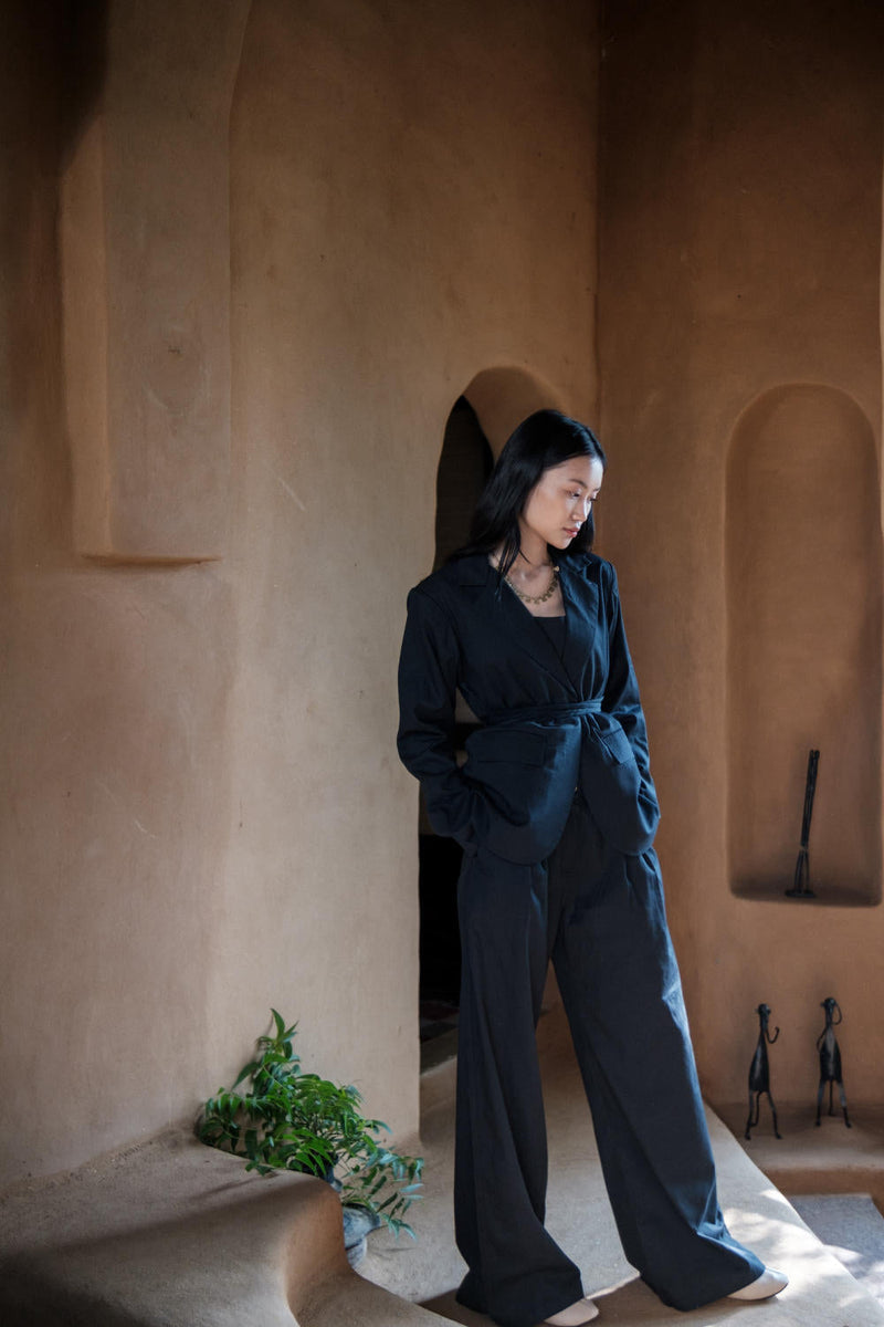 Friday Flared Pants-Black Line Printed cotton by The Terra Tribe in black color for women Worldwide