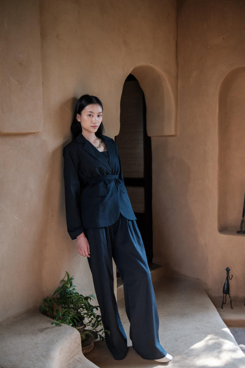 Friday Flared Pants-Black Line Printed cotton by The Terra Tribe in black color for women Worldwide