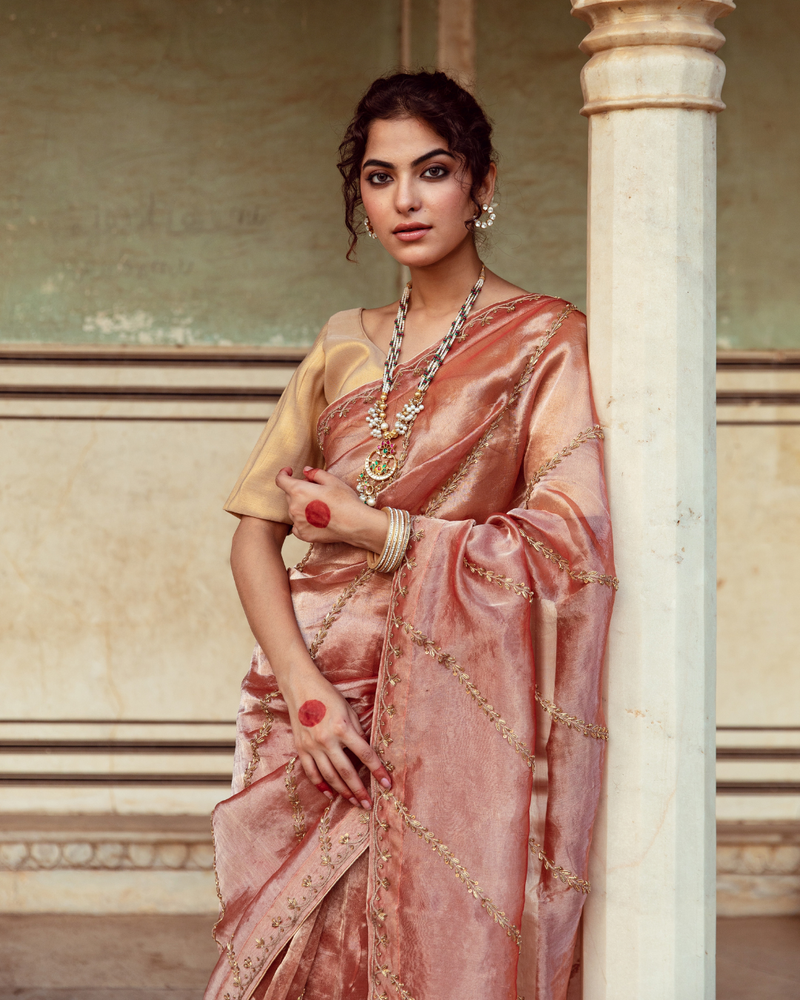 Rust Tissue Silk Embroidered Sari silk by Maison Shefali in rust color for women Worldwide