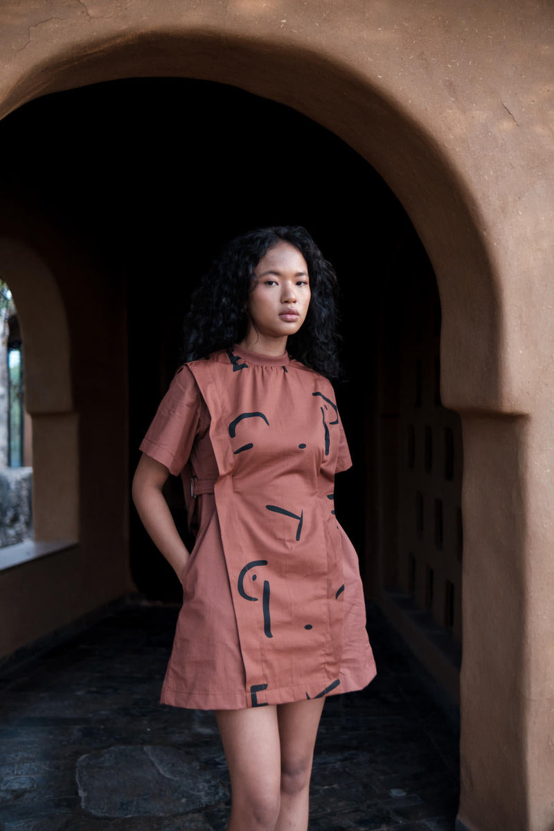 Rory Rib Dress-Copper Line Printed cotton by The Terra Tribe for women Worldwide