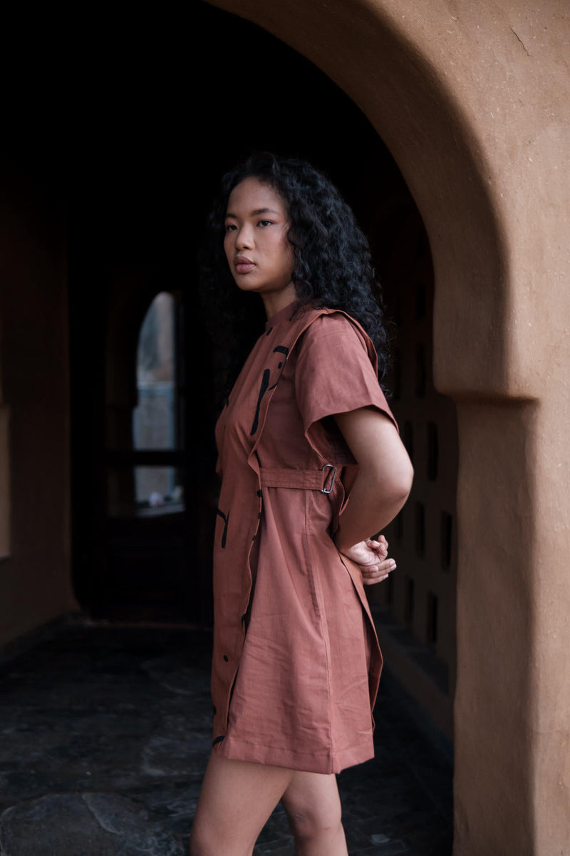 Rory Rib Dress-Copper Line Printed cotton by The Terra Tribe for women Worldwide