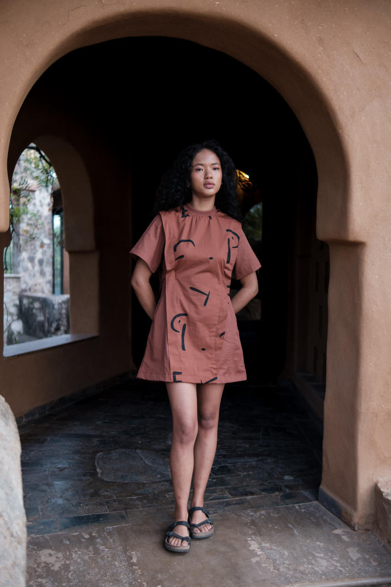 Rory Rib Dress-Copper Line Printed cotton by The Terra Tribe for women Worldwide