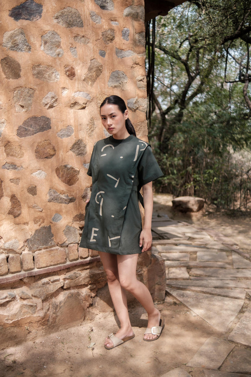 Rory Rib Dress-Deep Green Line Printed cotton by The Terra Tribe in green color for women Worldwide