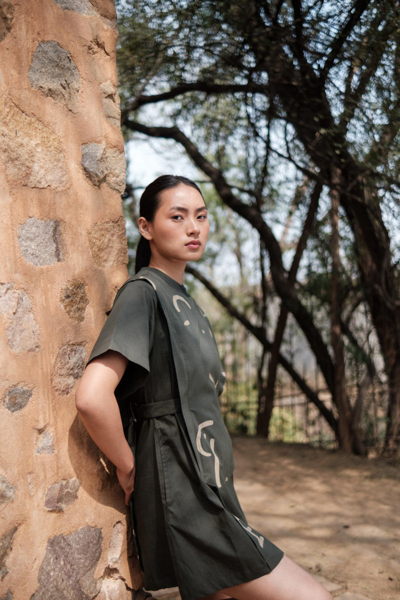 Rory Rib Dress-Deep Green Line Printed cotton by The Terra Tribe in green color for women Worldwide