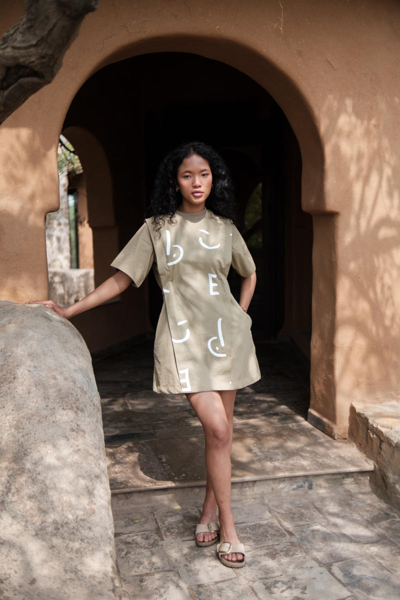 Rory Rib Dress-Khaki Line Printed cotton by The Terra Tribe for women Worldwide
