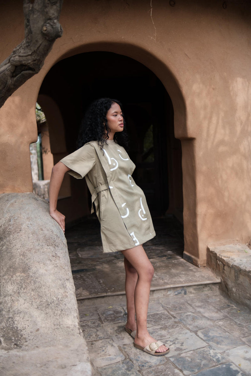 Rory Rib Dress-Khaki Line Printed cotton by The Terra Tribe for women Worldwide