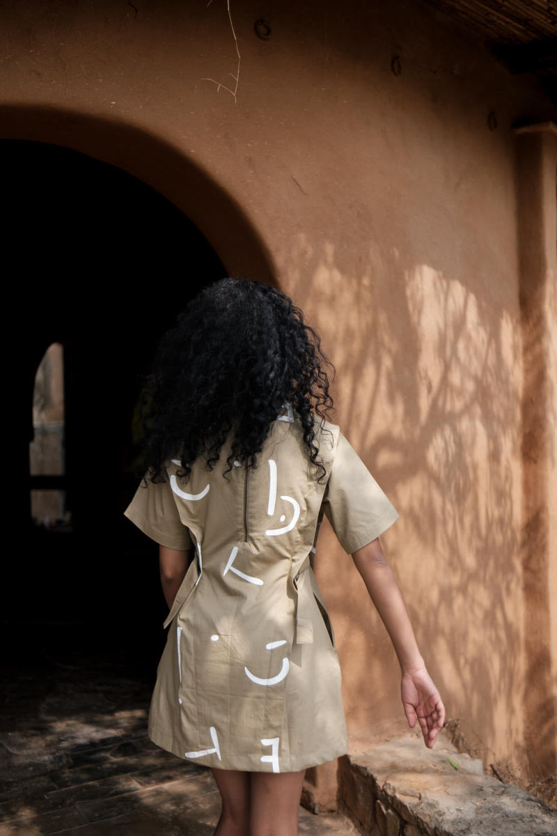 Rory Rib Dress-Khaki Line Printed cotton by The Terra Tribe for women Worldwide