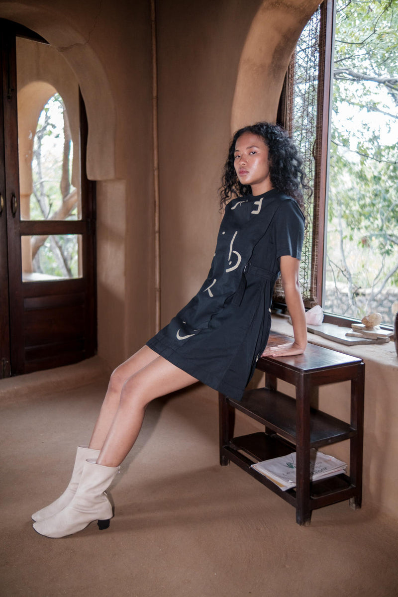 Rory Rib Dress-Black Line Printed cotton by The Terra Tribe in black color for women Worldwide