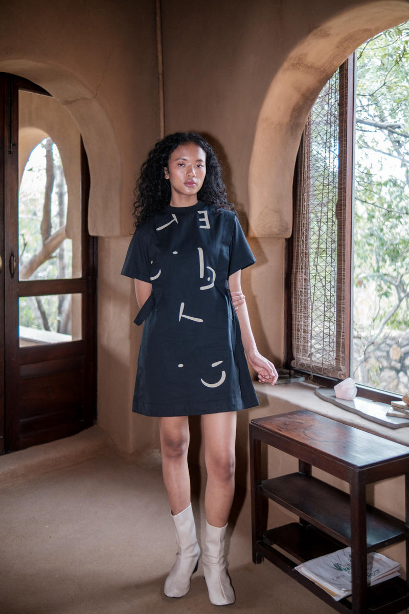 Rory Rib Dress-Black Line Printed cotton by The Terra Tribe in black color for women Worldwide