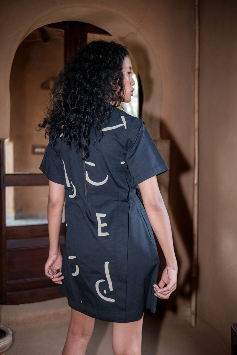 Rory Rib Dress-Black Line Printed cotton by The Terra Tribe in black color for women Worldwide