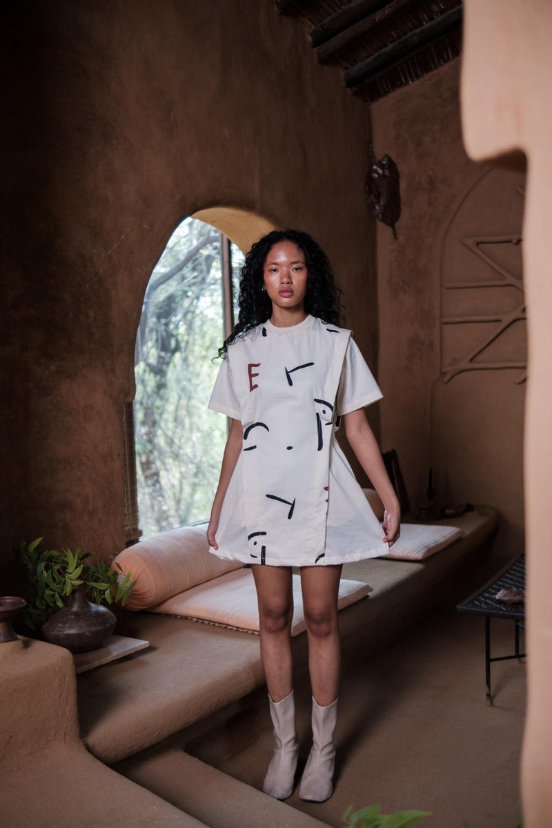 Rory Rib Dress-Ecru Line Printed cotton by The Terra Tribe in ecru color for women Worldwide