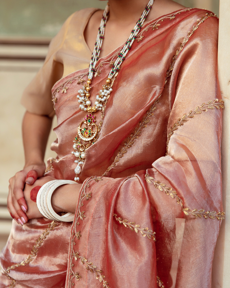 Rust Tissue Silk Embroidered Sari silk by Maison Shefali in rust color for women Worldwide