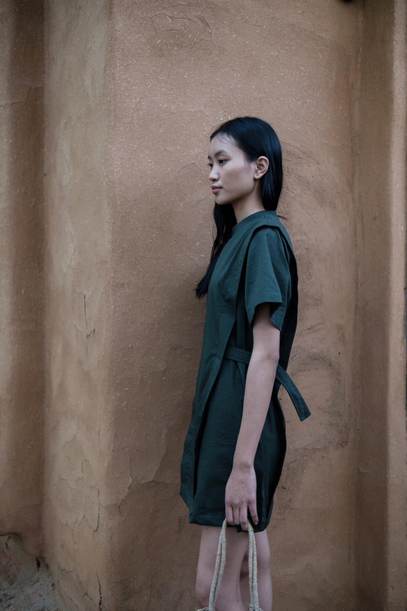 Rory Rib Dress-Deep Green cotton by The Terra Tribe in green color for women Worldwide